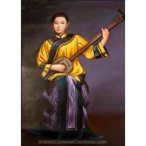   Art: Chinese Oil Painting   Maiden Playing Sanxian: Home & Kitchen