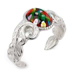   Faceted Oval Bangle With Electroform Silver Frame And Floral Design