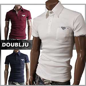 Doublju Mens Casual Layered Checker Patched Tshits WINE/NAVY/WHITE 