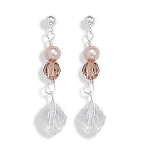  Glass/Peach Cultured Freshwater Pearl 2 Inch Drop Earrings 