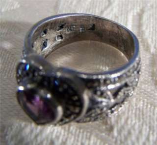 ANTIQUE STERLING SILVER AFRICAN AMETHYST MARCASITE RING  