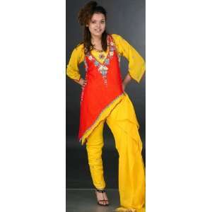  Yellow and Red Fish Cut Choodidaar Suit with Beadwork and 