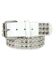SNAP ON LEATHER BELT Three Row Silver Studded Metal Punk Rock Classic 