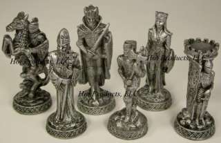 MEDIEVAL TIMES pewter metal chess set + glass board  