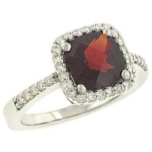  Cushion Cut Garnet and Pave Diamond Ring .28cttw: Jewelry