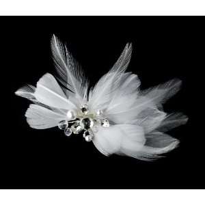 Elegant White Feather Hair Clip Adorn in Pearls Crystals & Rhinestones 