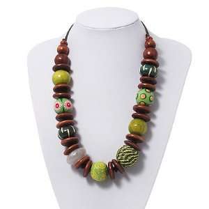   Green/Brown Wood Beaded Cotton Cord Necklace   58cm Length Jewelry