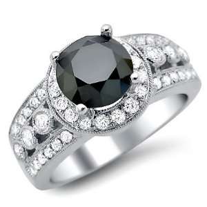   22ct Black Round Diamond Engagement Ring 18k White Gold: Jewelry
