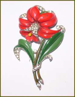 1940 TRIFARI, Alfred Philippe, Red Daffodil Enameled Flower Clip 