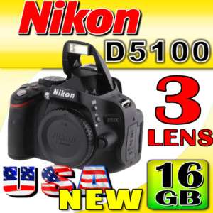 Nikon D5100 Digital SLR Camera 3 Lens 16GB Massive Kit 610563300891 