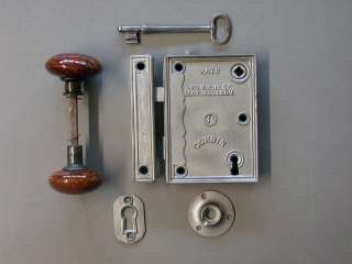 Original Signed 1869 Antique Corbin Rim Lock & Mineral Knobs, Complete 