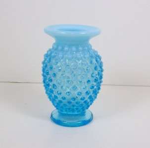 Vintage Fenton Vase Blue Opalescent Hobnail Smooth Rim 3 1/2  