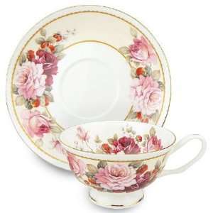   : Strawberry Peony Bone China Tea Cup & Saucer Set: Kitchen & Dining
