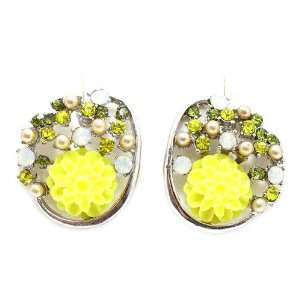 Flower Stud Earrings; .75L; Silver Metal; Yellow Flower; Green And AB 