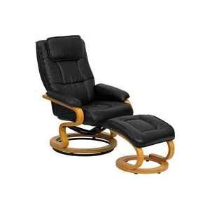   Black Leather Recliner & Ottoman   Maple Wood Base