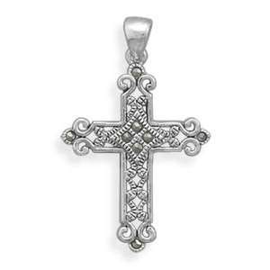   Oxidized Sterling Silver Ornate Marcasite Cross Pendant Charm Jewelry