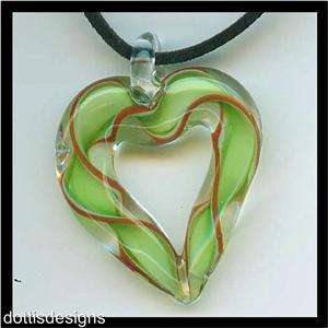 GREEN & RUST GLASS HEART PENDANT WITH BLACK NECKLACE #2  