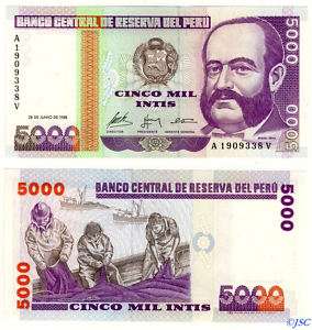 1988 Central Bank of Peru 5000 Intis Note   CU  