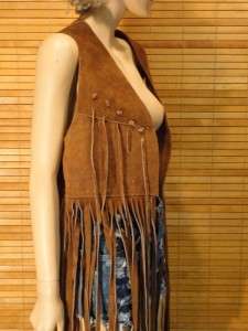 LONG FRINGE BOHO VEST Mexican Brown Suede Leather HIPPIE Gypsy vtg 70s 