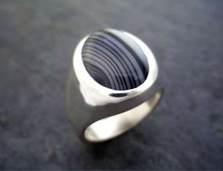 MENS LARGE OVAL BLACK LACE AGATE RING IN SOLID STERLING  