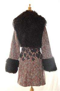   790 AUTH Mercella Faux Fur Embellished Tweed Wool Coat Brown L  