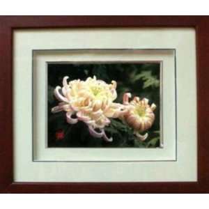  Framed Chinese Silk Embroidery: Pink Chrysanthemum Flower 