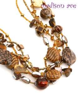   BROWN NECKLACE EARRING SET Animal Print Seed Bead MOP COSTUME JEWELRY