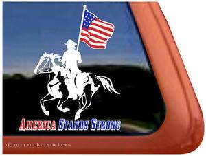 AMERICAN STANDS STRONG ~ Drill Team Paint Horse Trailer Window Decal 
