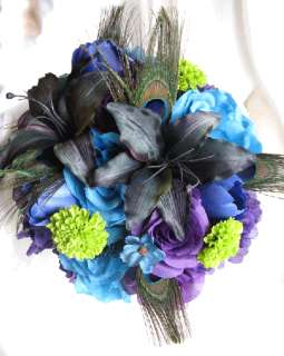   Bouquet Bridal Silk flowers PURPLE TURQUOISE ROYAL PEACOCK LILY 17pc