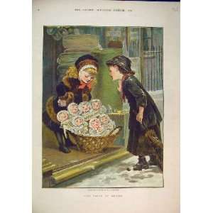   1879 Colour Print Christmas Little Girls Selling Dolls