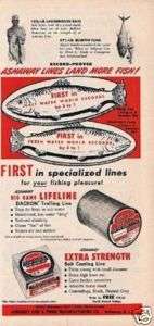 1958 Ashaway Fishing Line Bass Tuna Vintage Ad  