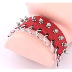  Heavily Studded Red Leather Choker Neck Collar  