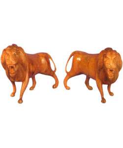 Pair of Hand carved Wooden Lions  