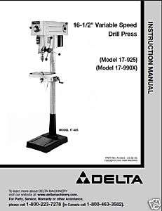 Delta 16 1/2 Drill Press Instruction Manual #17 925  