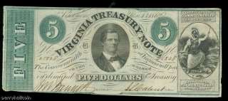 1862 $5 Virginia Treasury Note AU CSA Watermark  