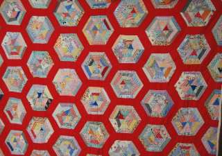 40s Vintage Hexagon Spider Web Honeycomb Hand Stitched Antique Quilt 
