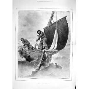  1892 MAN OVERBOARD FISHING BOAT STORMY SEA RESCUE