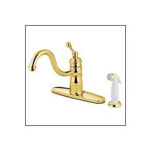   Deck Mount Kitchen Faucet with Plastic Sprayer Polished Brass: Home