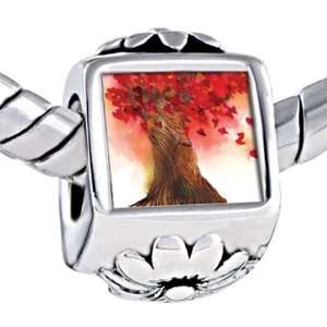 Beautiful Red Maple Tree Photo Against Flower Beads Fits Pandora Charm 