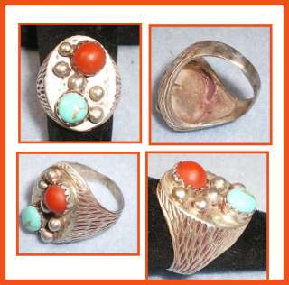 Vintage Sterling Turquoise and Coral Ring Size 10 1/2 #15  