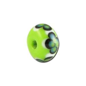  13mm Lime Green with Flowers Rondelle Lampwork Beads Large 