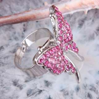 Pink Crystal Butterfly Finger Ring Adjustable 1p  