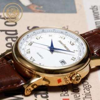   Gold Stainless Steel Elegant Mens Decent Vintage Leather Quartz Watch