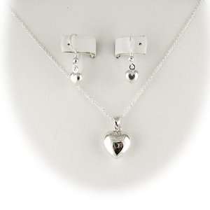 925 Sterling Silver Puffed Heart Pendant Cable Chain Necklace Earrings 
