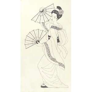  45 Wide Graceful Geishas Lady w/Fans Panel Natural 