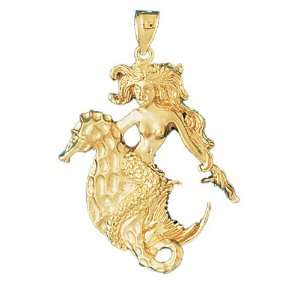  14kt Yellow Gold Mermaid With Seahorse Pendant: Jewelry