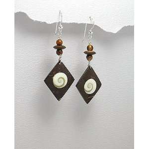   Coconut Wood & Shiva Shell Beaded With Tiger eyes Earrings~#48221