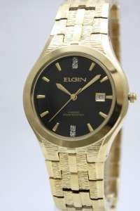 New Elgin Men Diamond Gold Tone Steel Dress Date Watch FG186N  