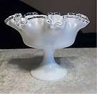 Vintage Fenton Silver Crest Crystal Ruffled White Milk Glass Compote 