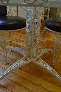  Ornate Round Glass Top Garden Patio Table 2 Vinyl Backed Chairs  